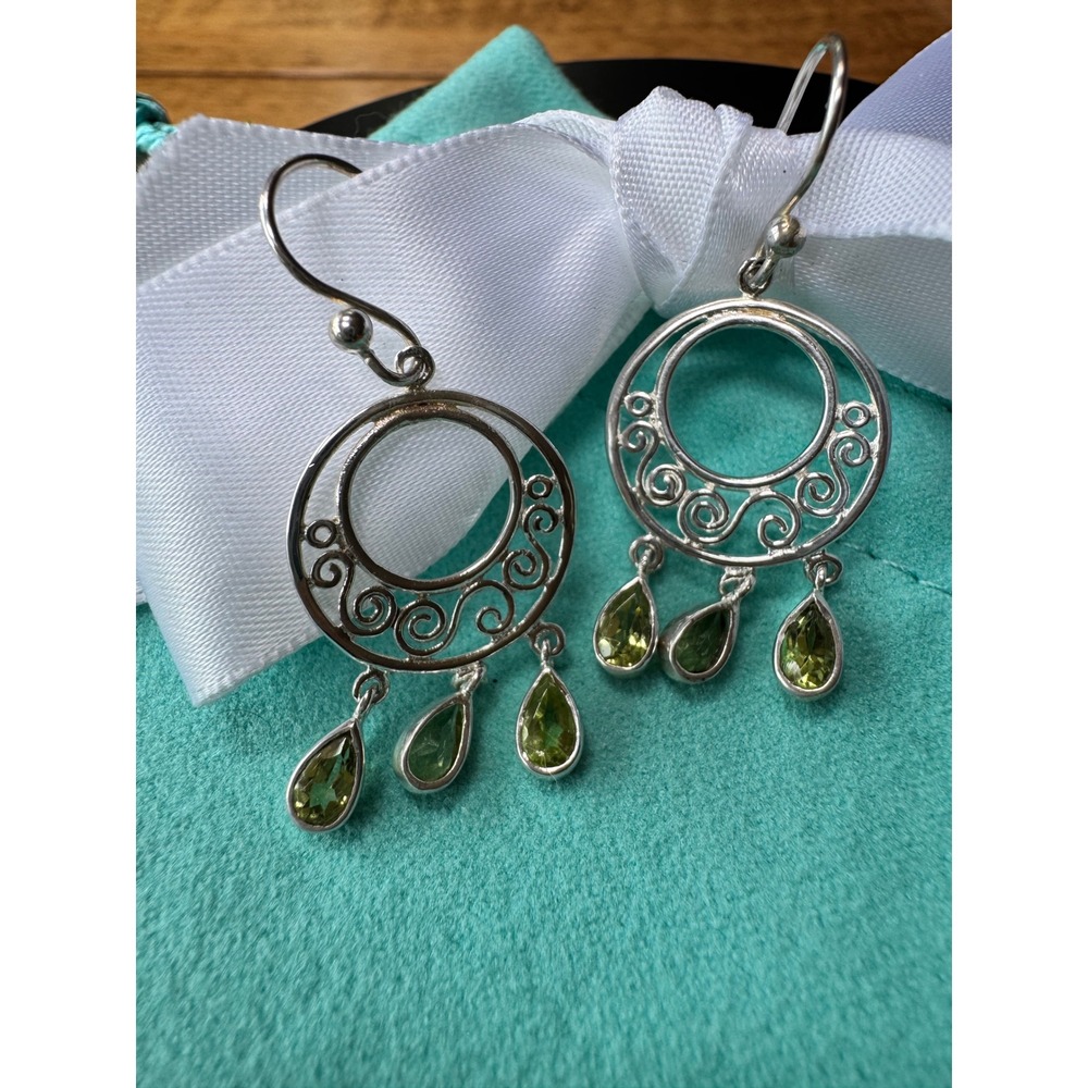 Sterling Silver Peridot Chandelier Drop Earrings Scrollwork Green Gemstone
